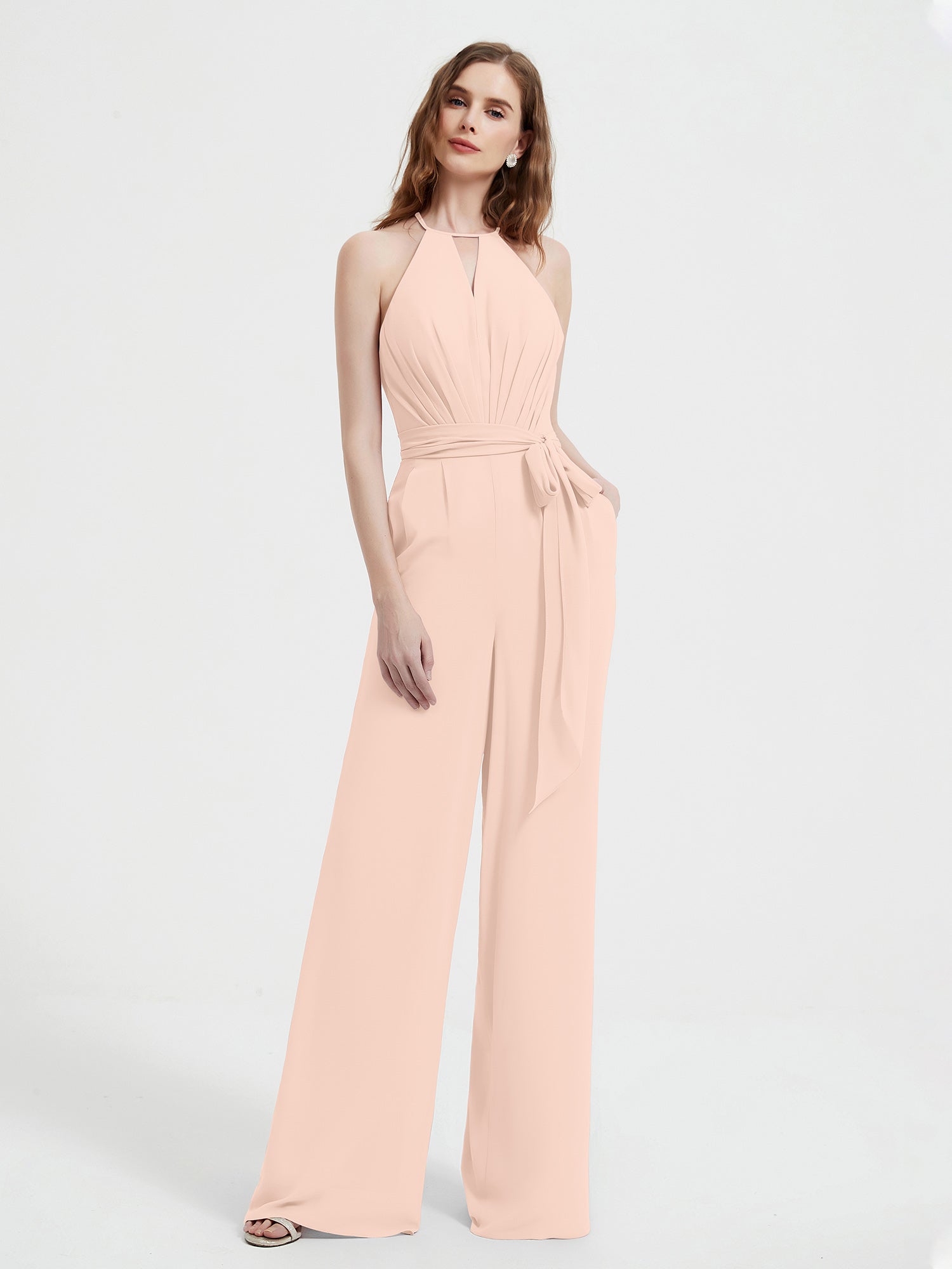 Halter Neckline Sleeveless Chiffon Pleated Jumpsuit Pearl Pink